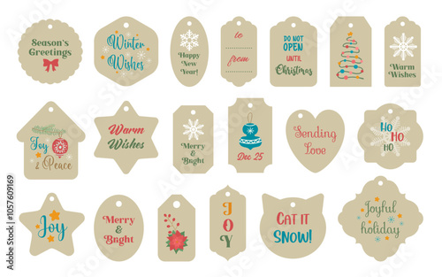 Christmas gift tags collection. Winter labels with season greetings - merry Christmas, Happy new year, etc. Vintage gift tag vector set. Scrapbook sheet printable. Christmas label, card, sticker.