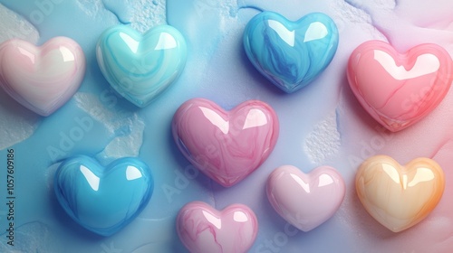 Two heart shaped stones placed together on a colorful background with warm li...