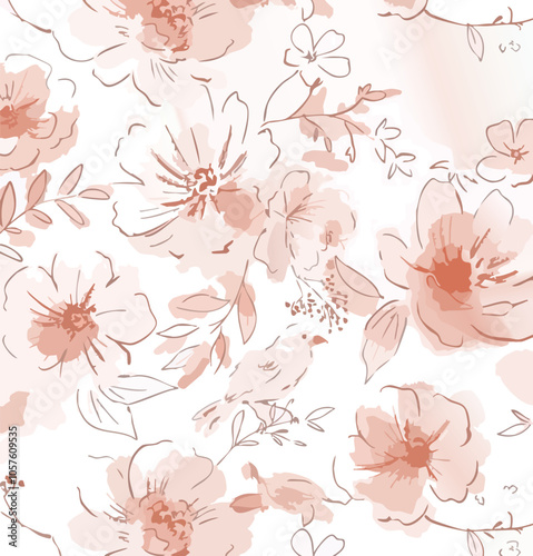 Beautiful vector seamless floral pattern with watercolor hand drawn gentle summer flowers. Stock illustration. Natural artwork.