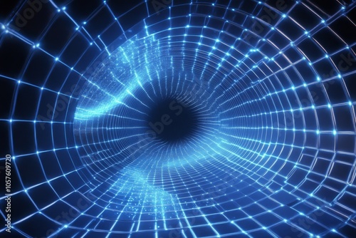 Digital representation of a blue vortex tunnel with glowing grid patterns in ...