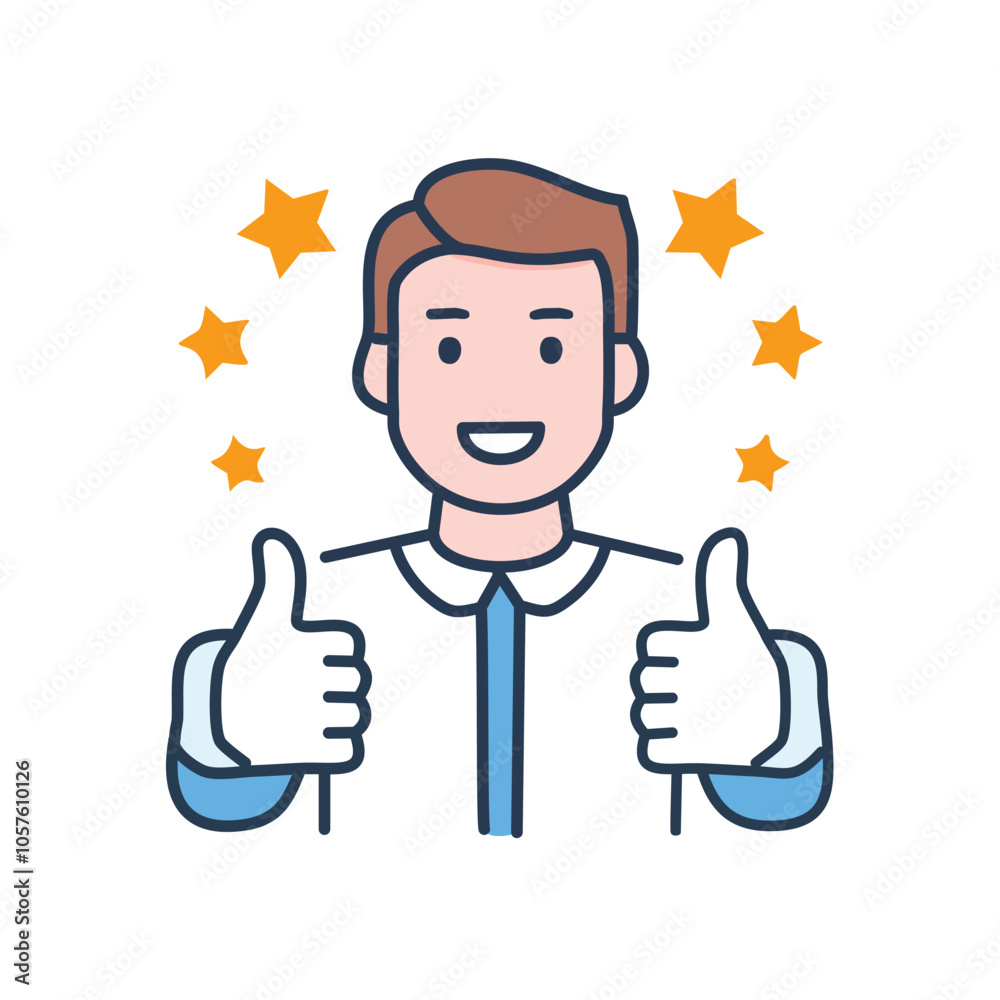 Happy man, top rating, success. Positive feedback, achievement, five stars. Illustrates excellence and approval. Happy man, top rating, success. Positive feedback, achievement, five stars. Illustrates excellence and approval.