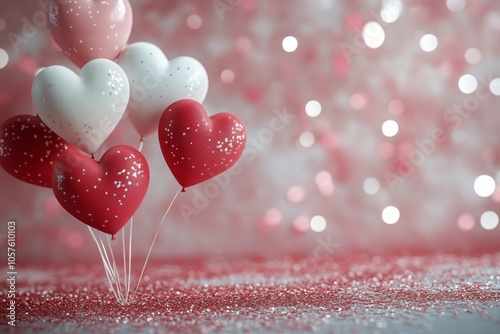 Red and white hearts adorned with glitter placed on confetti during a festive...