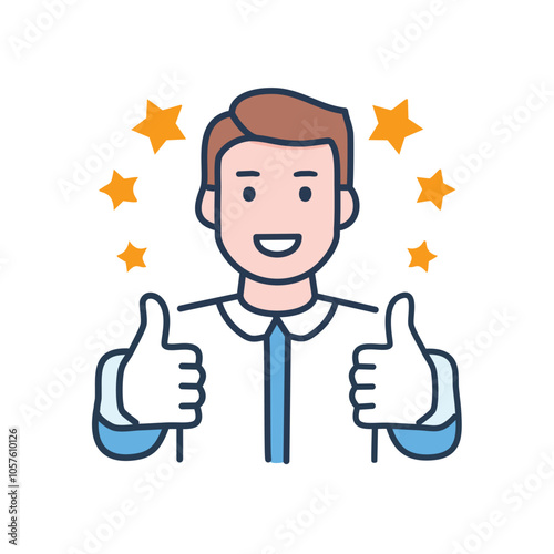 Happy man, top rating, success. Positive feedback, achievement, five stars.  Illustrates excellence and approval.