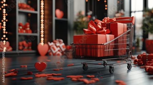 Shopping cart filled with red gift boxes and hearts in a cozy holiday themed ...