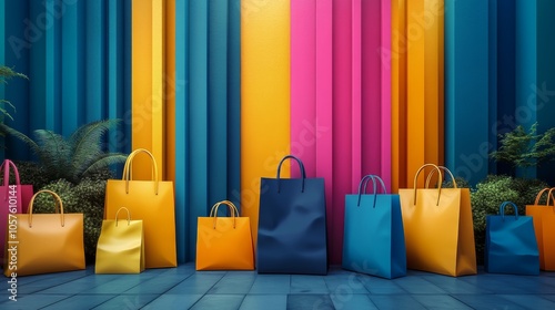 A vibrant display featuring a blue dress surrounded by colorful decor in a li...