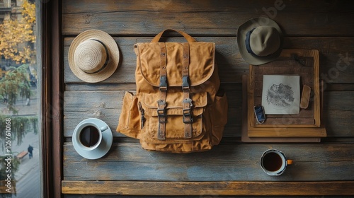 Stylish yellow backpack and coffee cup on a rustic blue wooden table