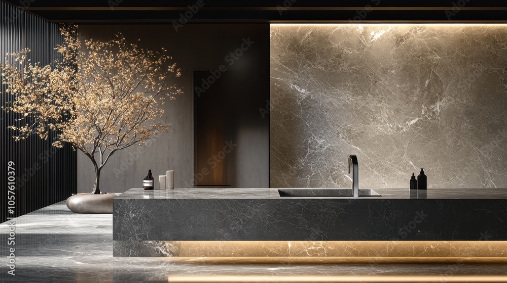 A serene modern kitchen featuring elegant marble surfaces, warm ambient lighting, and a tranquil bonsai tree accent A serene modern kitchen featuring elegant marble surfaces, warm ambient lighting, and a tranquil bonsai tree accent