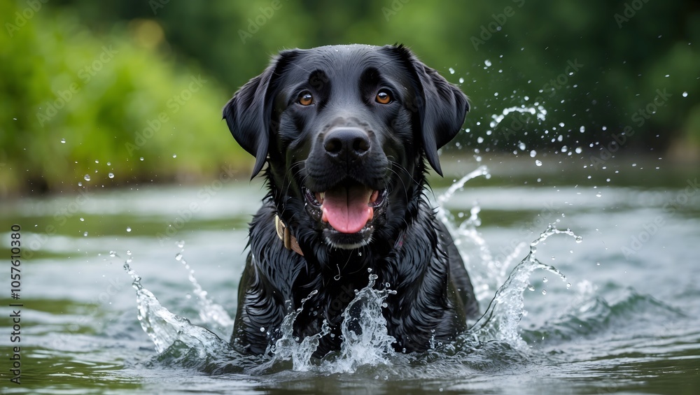 Playful Labrador Retriever Splashes in Clear River Water Playful Labrador Retriever Splashes in Clear River Water