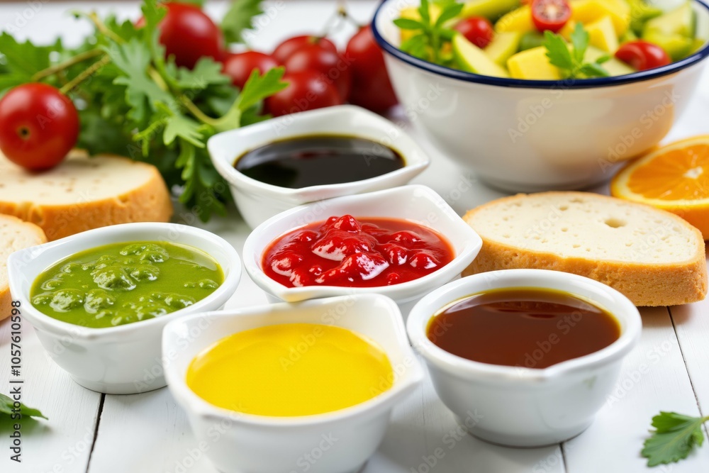Vibrant assorted sauces with fresh ingredients on rustic table for culinary inspirations and meal presentation. Vibrant assorted sauces with fresh ingredients on rustic table for culinary inspirations and meal presentation.