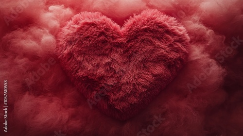 Soft red heart nestled in fluffy orange fur background for cozy Valentines Da...