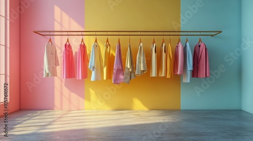 A vibrant display featuring a blue dress surrounded by colorful decor in a li...