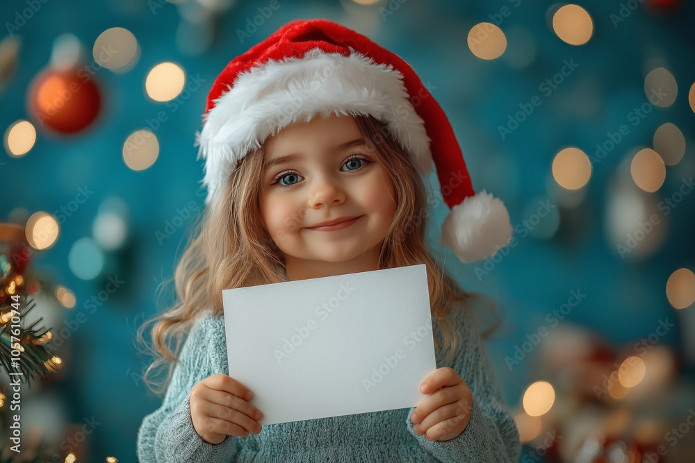 A cute young girl wearing a Santa hat and holding a blank card, set against a festive background with bokeh lights and Christmas decorations, creating a joyful holiday atmosphere A cute young girl wearing a Santa hat and holding a blank card, set against a festive background with bokeh lights and Christmas decorations, creating a joyful holiday atmosphere