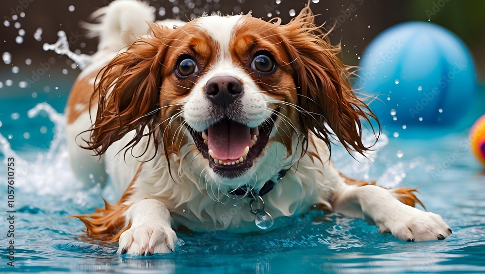 Happy Cavalier Swimming in Pool with Wide Eyes Happy Cavalier Swimming in Pool with Wide Eyes