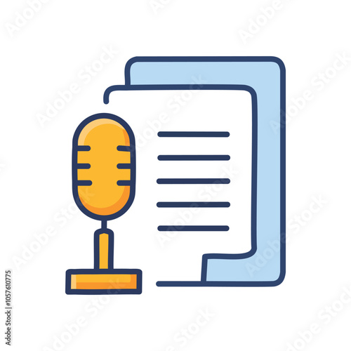 Podcast script document. Voice recording and text document.  Symbolizes content creation, podcasting, or audio transcription.