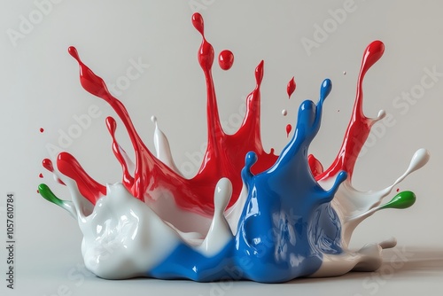 Bright blue and red splashes on a vibrant green and white backdrop during creativity photo