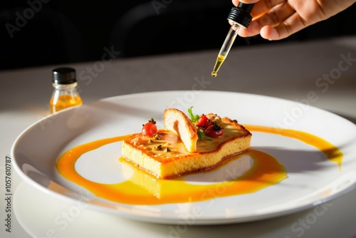 Gourmet dessert presentation with honey drizzle on elegant plated cheesecake. photo