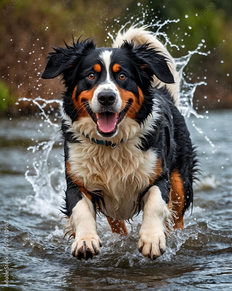 Happy Bernese Mountain Dog Playing in River Splashing Water Happy Bernese Mountain Dog Playing in River Splashing Water