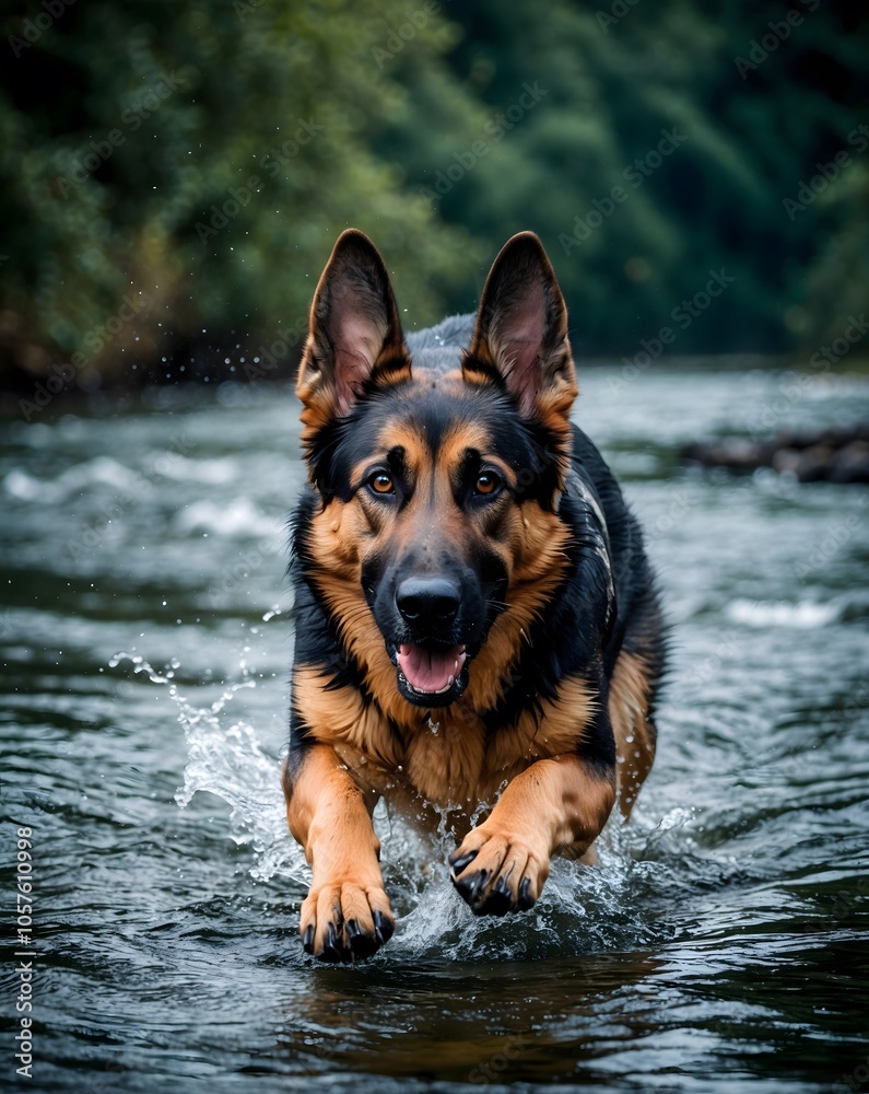 Adventurous German Shepherd Running Through River Adventurous German Shepherd Running Through River