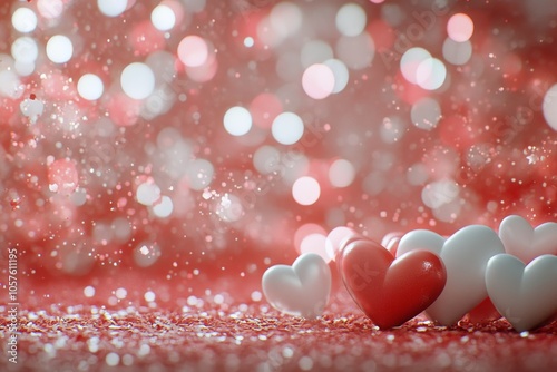 Red and white hearts adorned with glitter placed on confetti during a festive...
