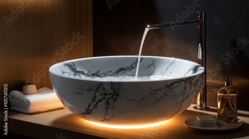 Elegant marble sink with flowing water in a serene bathroom at twilight, exuding luxury and tranquility