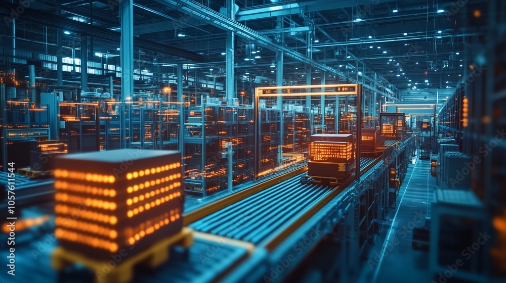 Automated guided vehicles - agvs - are transporting packages along a ...