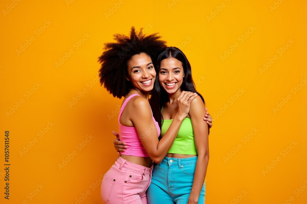 Fototapeta premium Vibrant friendship and joyful embrace on orange background - perfect for celebratory or lifestyle design.