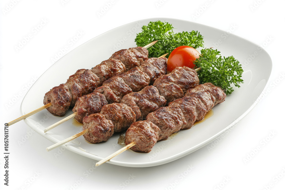 Juicy shashlik on a white plate. Side view. Juicy shashlik on a white plate. Side view.