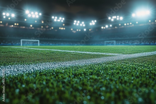 Evening view of a well lit soccer field with goalposts in a city park at night
