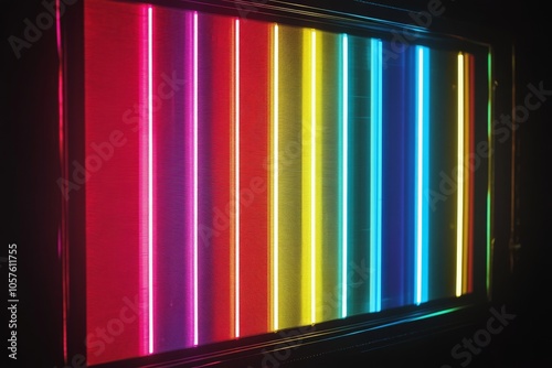 Colorful vertical light streaks creating an abstract art display at night in ...