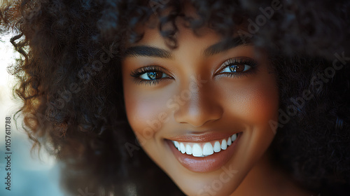 smiling woman with curly hair and radiant skin, showcasing joy and confidence. Her bright eyes and warm smile create inviting atmosphere