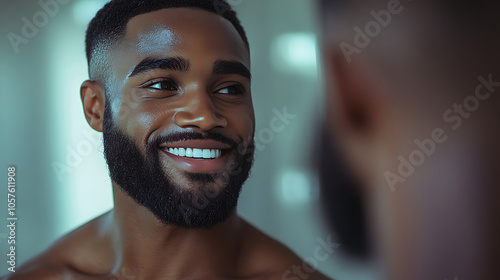 smiling man with well groomed beard looks at his reflection in mirror, showcasing confidence and happiness. soft lighting enhances his features and creates warm atmosphere