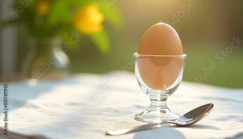 Hard boiled egg in a transparent glass egg cup, paired with a modern stainless steel spoon with copy space