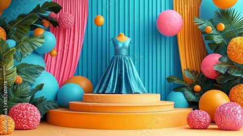 A vibrant display featuring a blue dress surrounded by colorful decor in a li...