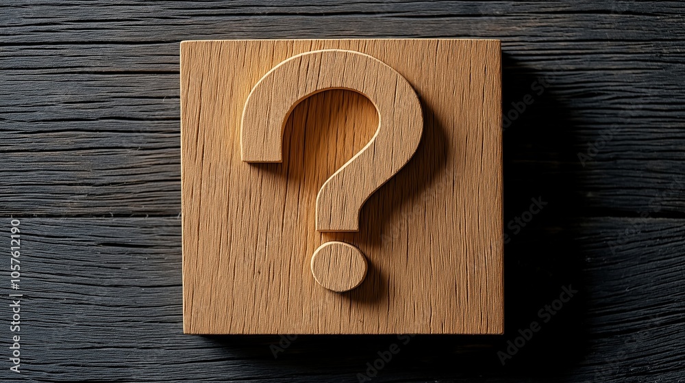 Wooden question mark on textured wooden background with dark grooves, symbolizing inquiry and curiosity Wooden question mark on textured wooden background with dark grooves, symbolizing inquiry and curiosity