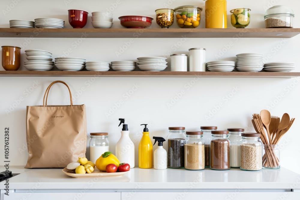 Modern kitchen pantry with organized shelves and sustainable packaging elements for home inspiration.