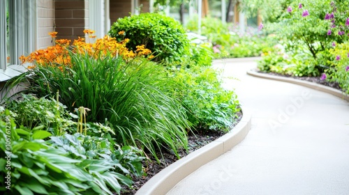 A winding hospital pathway meanders through a vibrant garden filled with lush greenery , creating a peaceful, healing environment for patients and visitors.