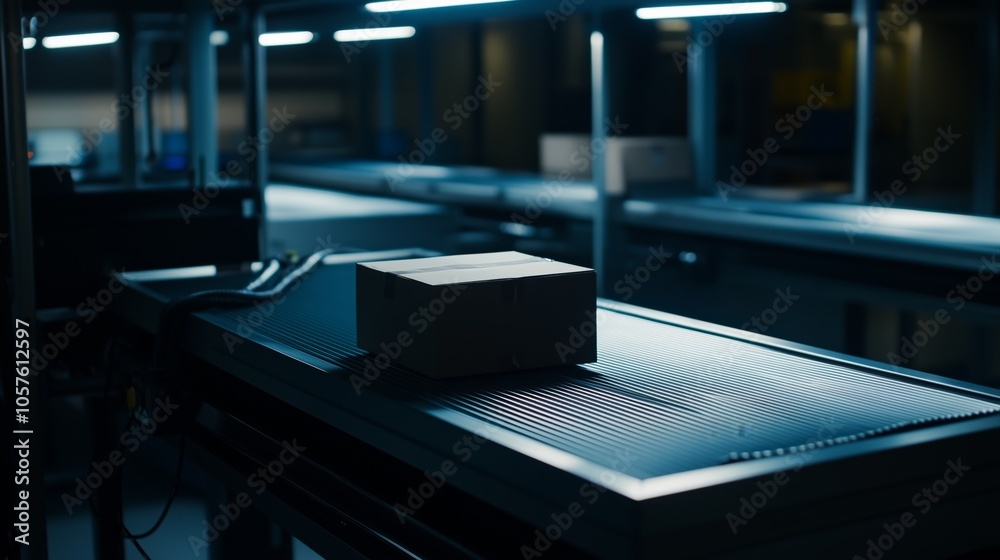 Naklejka premium Cardboard box moving on automated conveyor belt in modern distribution warehouse, representing efficient logistics and delivery process