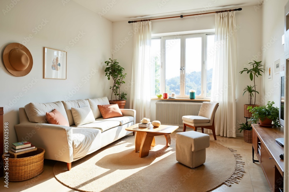 Fototapeta premium Cozy minimalist living room with natural light, modern decor, and indoor plants for relaxing ambiance.