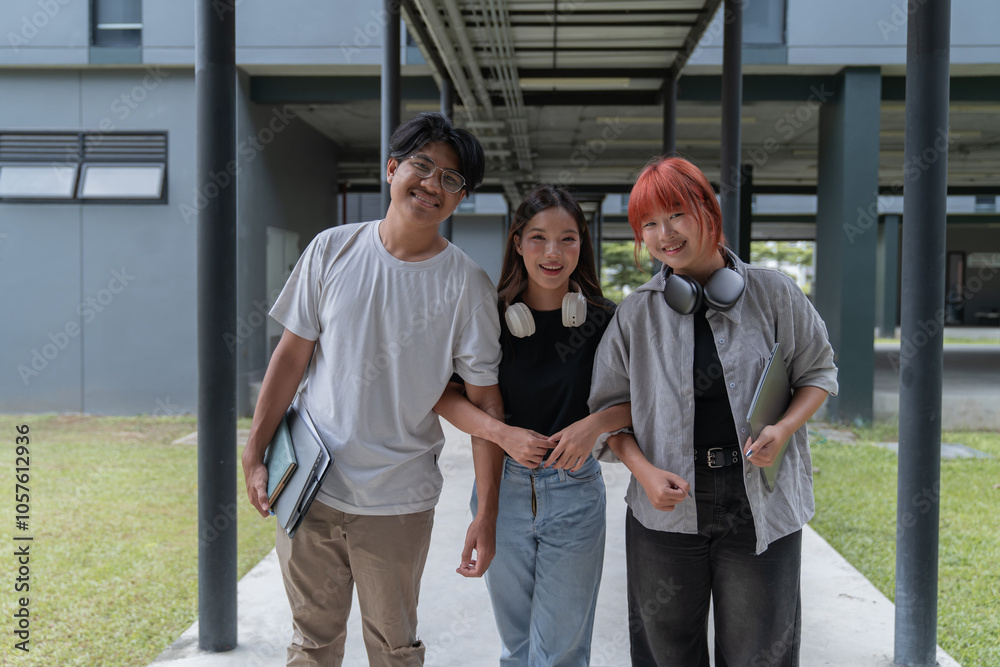 Three happy asian students walking on campus, holding laptops and books, enjoying university life. Smiling and embracing modern learning, showcasing teamwork and diversity Three happy asian students walking on campus, holding laptops and books, enjoying university life. Smiling and embracing modern learning, showcasing teamwork and diversity