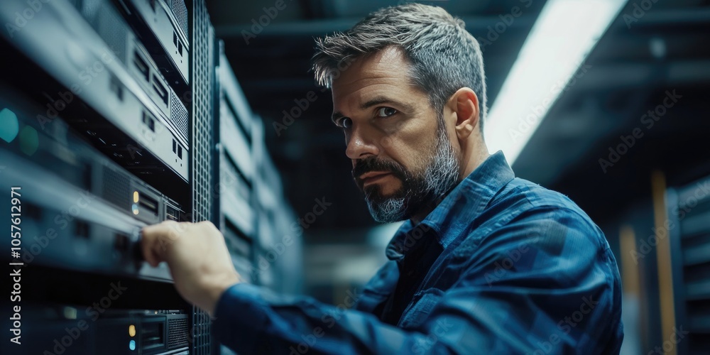 An IT guy working on a server rack or network equipment in a tech environment. An IT guy working on a server rack or network equipment in a tech environment.