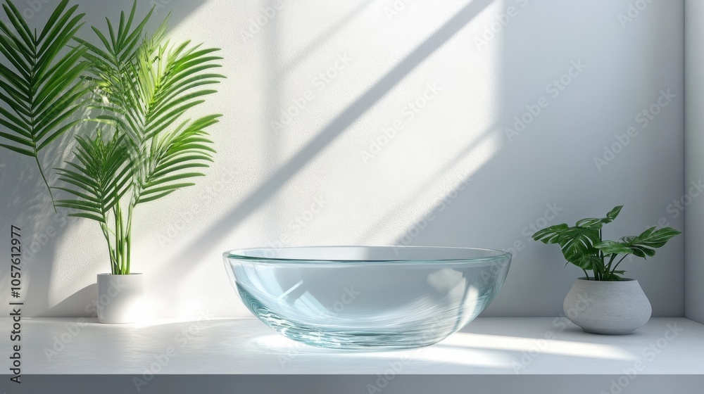 A tranquil corner featuring a clear bowl bathed in natural light and surrounded by lush green plants in a serene indoor space