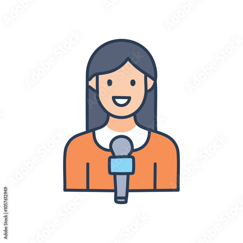 Woman interview icon. Smiling female reporter, microphone, broadcasting, news, communication, cheerful, voice,  interview, conversation.