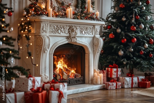 Festive fireplace adorned with Christmas decorations, surrounded by presents and lights, featuring a marble stone design and an elegant tree for a warm celebration atmosphere.