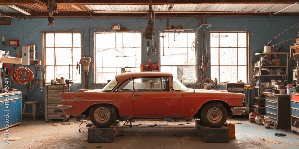 Automobile being lifted for repair in a garage with visible tools and equipment. Automobile being lifted for repair in a garage with visible tools and equipment.