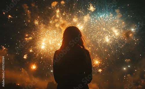 silhouette of woman watching vibrant fireworks display in night sky, creating magical atmosphere filled with colorful bursts of light