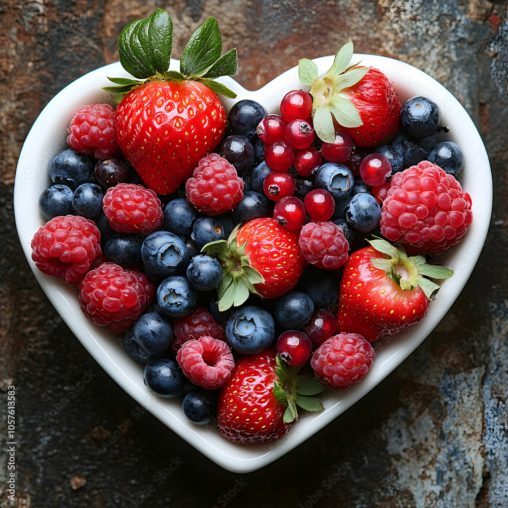 Heart-Shaped Bowl Overflowing with Vibrant Mixed Berries on a Rustic Wooden Surface Heart-Shaped Bowl Overflowing with Vibrant Mixed Berries on a Rustic Wooden Surface