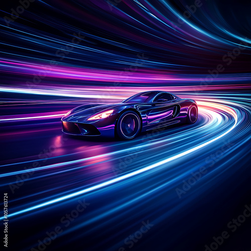 modern car in motion with vibrant neon lights creating dynamic trails. sleek design and vivid colors evoke sense of speed and excitement