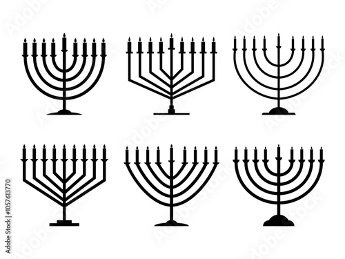 Happy Hanukkah, menorah icons set isolated on white background. Menorah with nine candles is a symbol of the Jewish holiday. Lit candles. Design for holiday banners and posters. Vector illustration