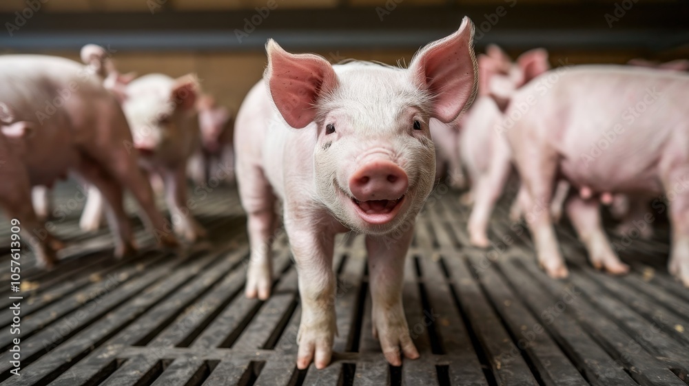 Young piglet on metal grid floor inside indoor pig enclosure Young piglet on metal grid floor inside indoor pig enclosure