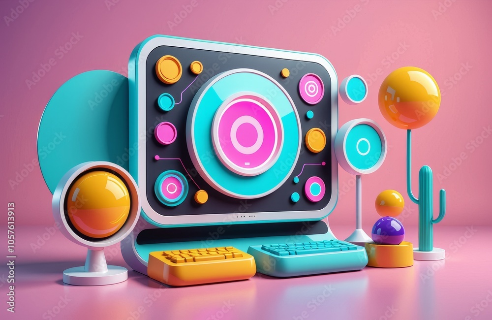 Retro futuristic desktop setup with vibrant colors and geometric shapes Retro futuristic desktop setup with vibrant colors and geometric shapes
